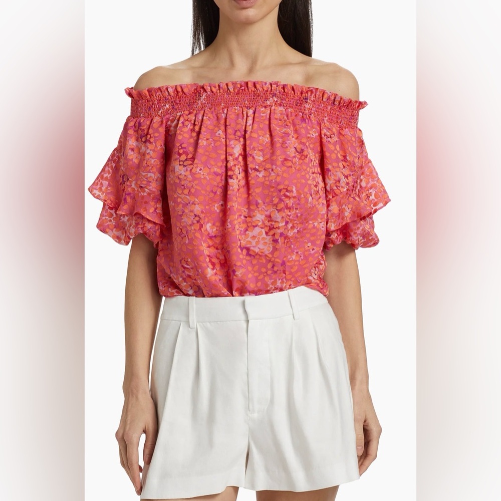 Ramy Brook Fiona Off-Shoulder Ruffle Floral Top Pink Coral Sz Med